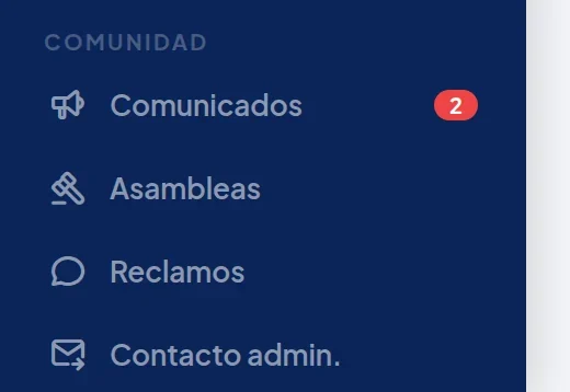 Menú azul, sección Comunidad: Comunicados con el número 2, Asambleas, Reclamos y Contacto admin.