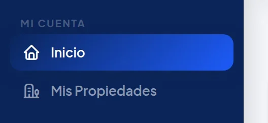 Menú azul de la izquierda, arriba: Mi cuenta, con Inicio y Mis Propiedades.