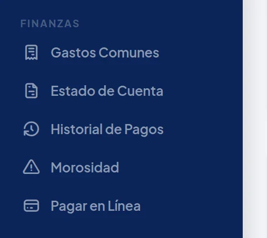 Menú de Finanzas con Gastos Comunes.