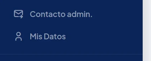 Menú azul, abajo: Contacto admin. y Mis Datos.