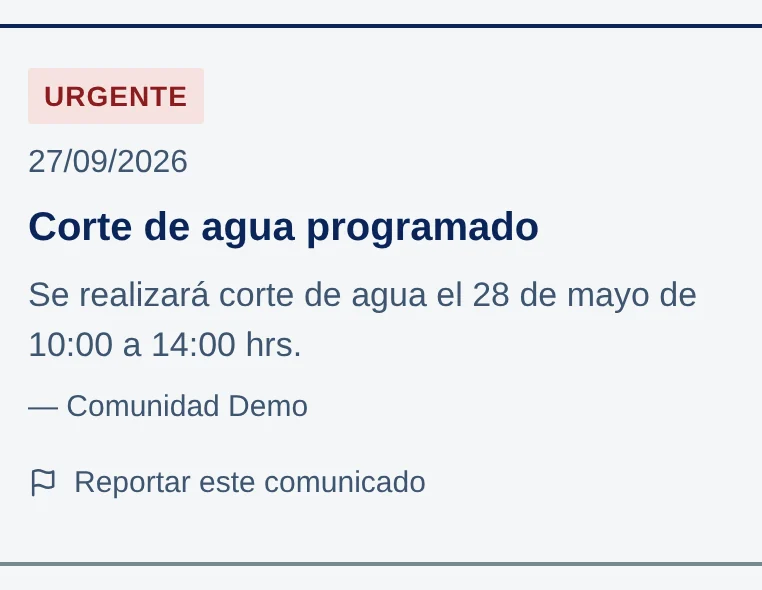 Muro: comunicado con sello Urgente, 27/09/2026, Corte de agua programado, Se realizará corte de agua el 28 de mayo de 10:00 a 14:00 hrs., y la línea Reportar este comunicado.