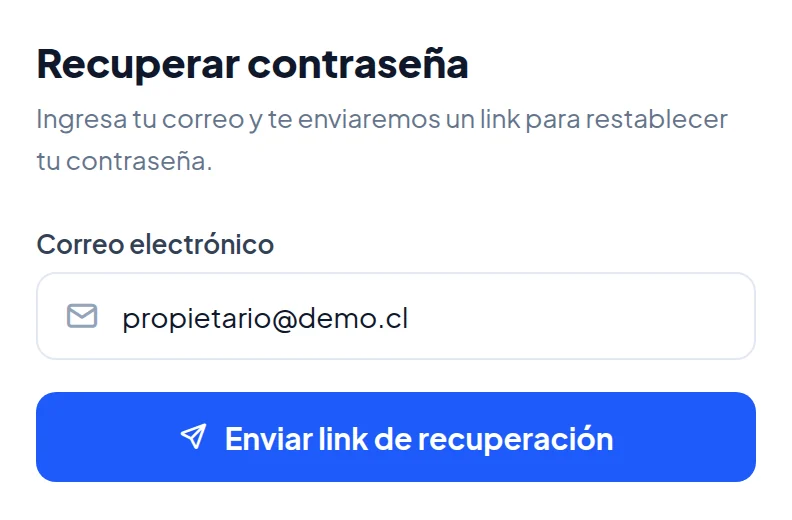 Página Recuperar contraseña: campo Correo electrónico y botón azul Enviar link de recuperación.