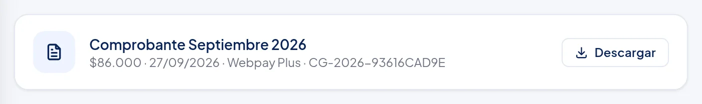 Fila Comprobante Septiembre 2026, $86.000 · 27/09/2026 · Webpay Plus, con el botón Descargar a la derecha.