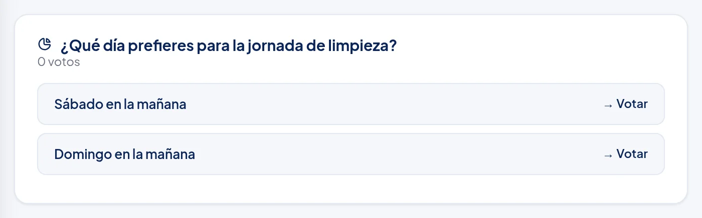 Encuesta ¿Qué día prefieres para la jornada de limpieza?, 0 votos, con las opciones Sábado en la mañana y Domingo en la mañana, cada una con → Votar.