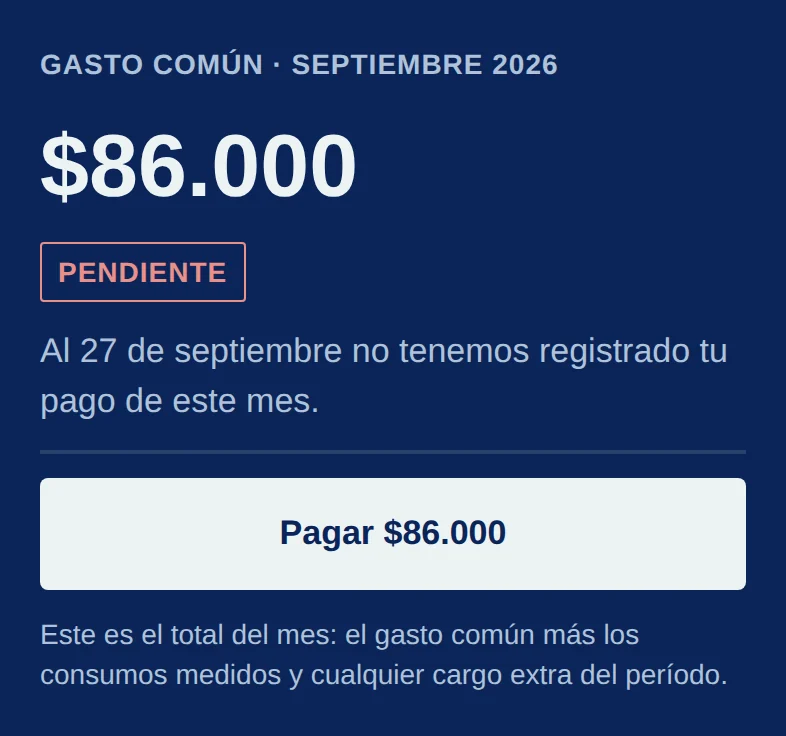 Recuadro azul de Inicio con $86.000, sello Pendiente y el botón blanco Pagar $86.000.