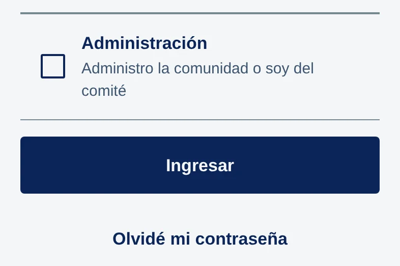 Botón Ingresar y, debajo, Olvidé mi contraseña.