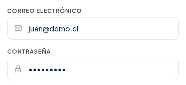 Campos Correo electrónico, con juan@demo.cl, y Contraseña, con puntos.
