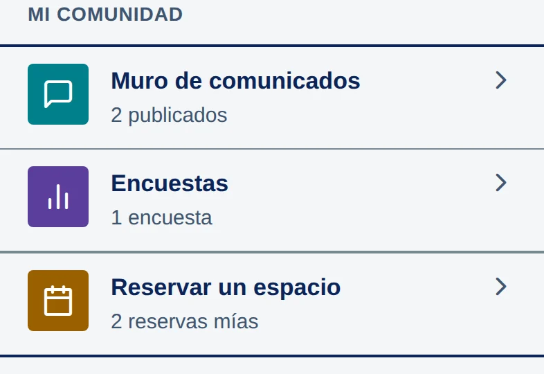 Pantalla Más, grupo Mi comunidad: Muro de comunicados, Encuestas y Reservar un espacio.
