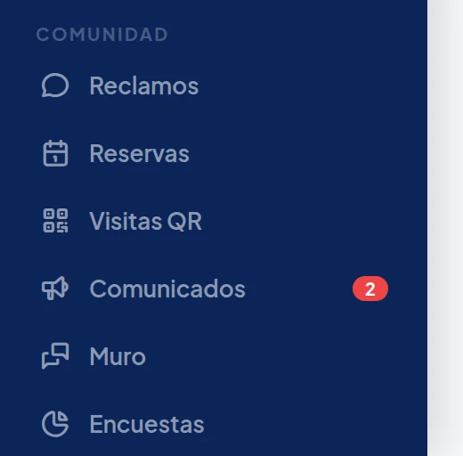 Menú azul, sección Comunidad: Reclamos, Reservas, Visitas QR, Comunicados, Muro y Encuestas.
