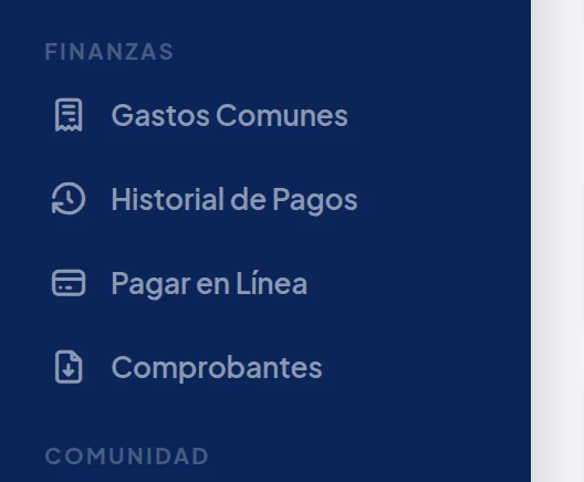 Menú azul de la izquierda, sección Finanzas, con cuatro opciones: Gastos Comunes, Historial de Pagos, Pagar en Línea y Comprobantes.