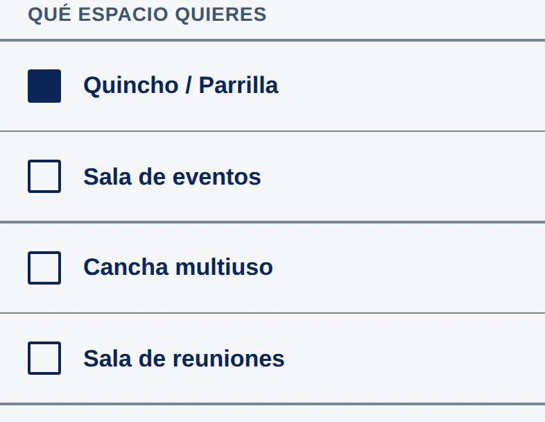 Qué espacio quieres: Quincho / Parrilla (elegido), Sala de eventos, Cancha multiuso y Sala de reuniones.