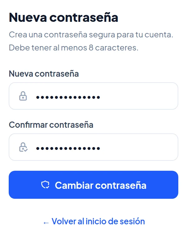 Página Nueva contraseña en el teléfono, con los dos campos y el botón Cambiar contraseña.